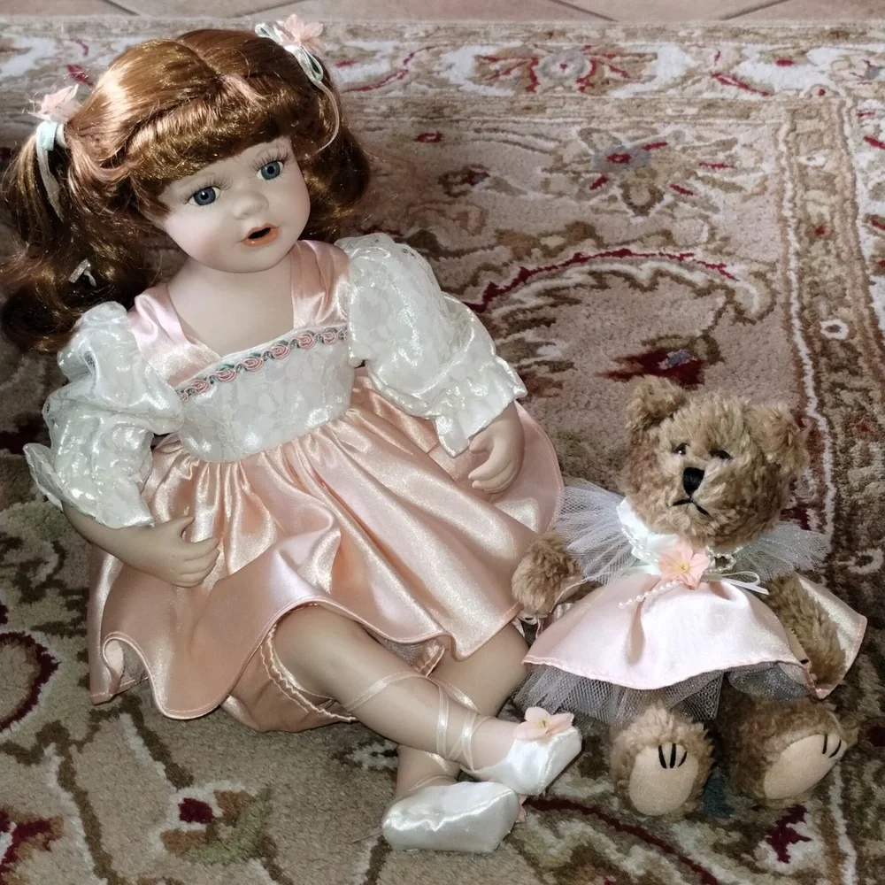 Porcelain Doll and Bear Set